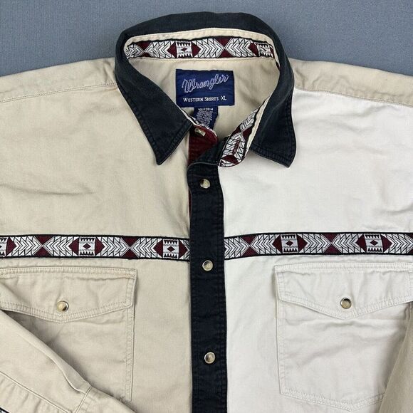 VTG Wrangler Aztec Western Snap Shirt Mens XL Color Block Cotton Twill Faded* - Picture 1 of 16